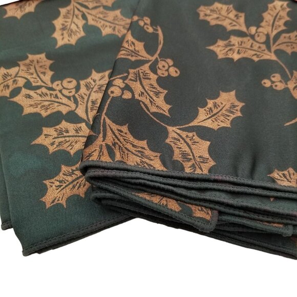 Vintage Napkins Set of 4 Holiday Green Gold Holly Christmas - Picture 1 of 7
